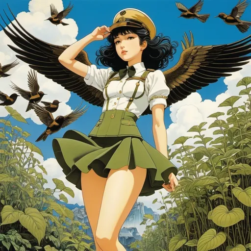 Prompt: Moto Hagio, Jenny Eugenia Nystrom, George Barbier, Giovanni Omiccioli, Mario Laboccetta, Surrealism, strange, bizarre, fantastical, fantasy, Sci-fi, Japanese anime, a miniskirt beautiful high school girl commanding an army of plants and paratroopers of birds, perfect voluminous body, detailed masterpiece 