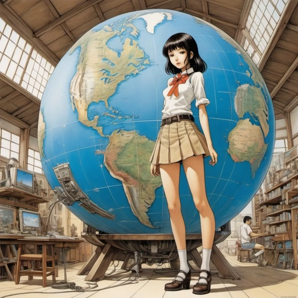 Prompt: Shigeru Tamura, Eduardo Arroyo, Alfonso Azpiri, Daniel Acuña, Panayiotis Kalorkoti, Surrealism Mysterious Weird Fantastic Fantasy Sci-Fi, Japanese Anime, Miniskirt Beautiful High School Girl Building a Giant Globe, mechanical earth, metals and lines,  Blueprints, perfect voluminous body, Cross-Section, detailed masterpiece angles low high perspectives drawings fine lines hand coloured