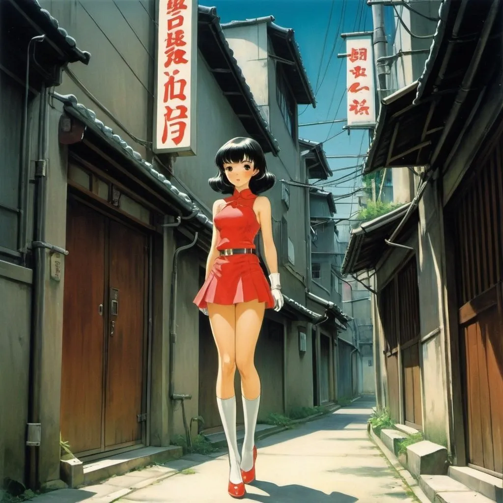 Prompt: Leonetto Cappiello, Minako Narita, Yumiko Igarashi, Anne Anderson, Kenji tsuruta, Surrealism Mysterious Bizarre Fantastic Fantasy Sci-fi, Japanese Anime, Miniskirt Magical Beautiful Girl in the Back Alley, perfect voluminous body, detailed masterpiece cute coquettish 