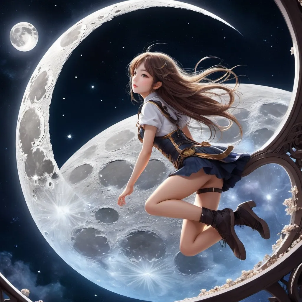 Prompt: Mysterious Weird Fantastic Fantasy Sci-Fi Fantasy Anime Surrealism Machine Beautiful Girl Climbing the Moon, perfect voluminous body, detailed masterpiece perspectives angles bird’s eye view looking up looking down sharp focus 