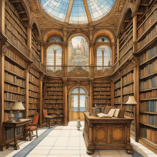 Prompt: Anton Pieck, Giorgio Vasari, George Barbier, Oliver Jeffers, Elsa Beskow, Adrienne Segur, Emin Mete Erdoğan, Alexander Bonaccorsi, Surrealism, wonder, strange, fantastical, fantasy, Sci-fi, Japanese anime, Library of Alexandria, Captain Nemo's library, Borges's bookshelf, universe of books, library as space, blueprints, cross-sections, displacement of vanishing point, library as a place to return to, blonde miniskirt beautiful girl alice, perfect voluminous body, detailed masterpiece 