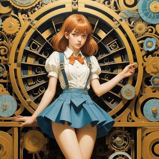 Prompt: Florence Claxton, Eleanor Vere Boyle, surrealism, wonder, bizarre, bizarre, fantasy, Sci-fi, Japanese anime, a labyrinth of ever-changing literary styles, the imagination of mathematics and geometry, a wind-up printing machine, a beautiful high school girl in a miniskirt, perfect voluminous body, detailed masterpiece 