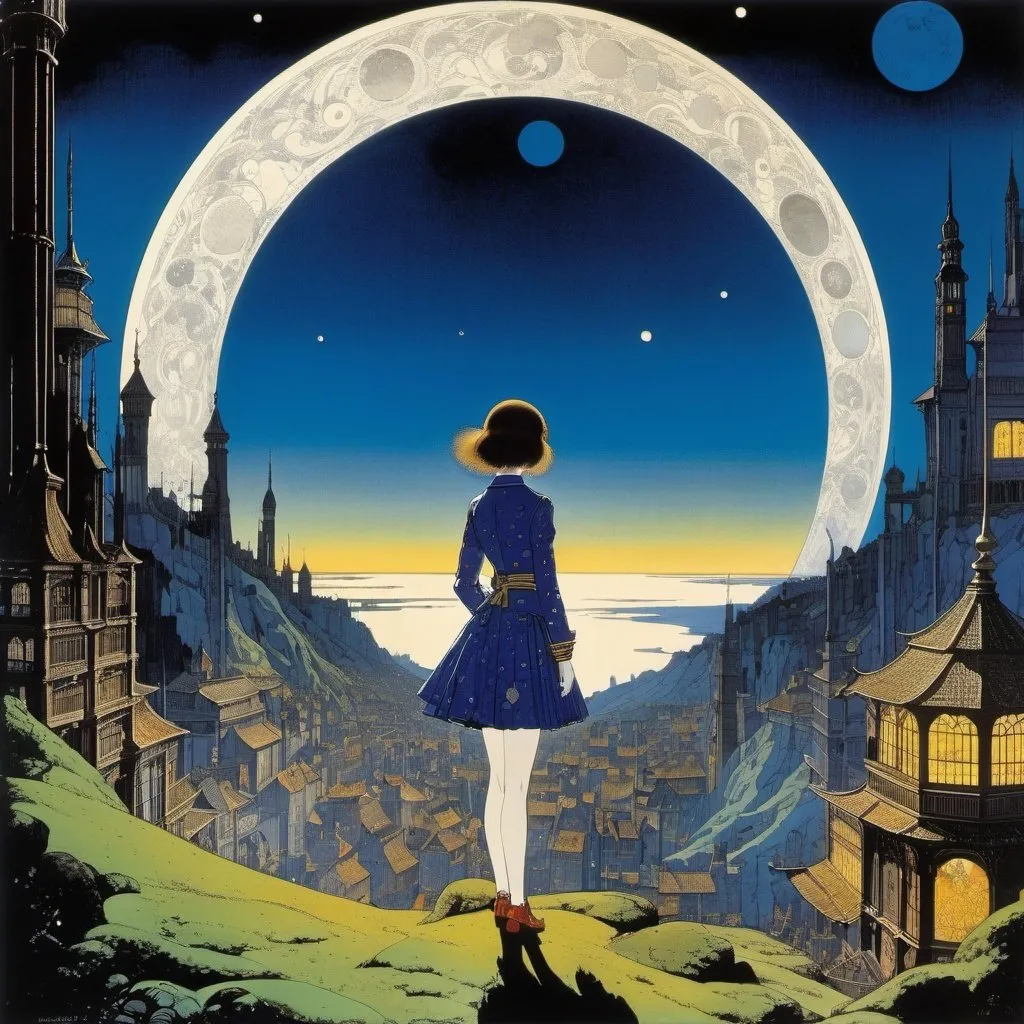 Prompt: Harry Clarke, Wally Wood, Michael Hague, Sidney Sime, Surrealism Mysterious Bizarre Fantastic Fantasy Sci-fi, Japanese Anime, Utopia on the other side of the moon City of Light Miniskirt Beautiful High School Girl, perfect voluminous body, detailed masterpiece bird’s eye view zoom in 