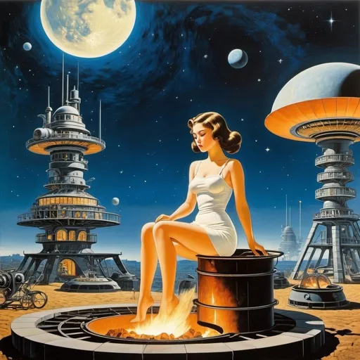 Prompt: Cecil Collins, Kumataro Ito, Eduardo Paolozzi, Paul Delvaux, Maurice Sendak, Surrealism, wonder, strange, bizarre, fantasy, Sci-fi, Japanese anime, crescent moon sinking into oil canvas, miniskirt beautiful high school girl baking ammonite on a seven-ringed seven-wheeled fire pit, perfect voluminous body, space colony appearing from beyond the starry sky, detailed masterpiece cinematic lighting low high angles perspectives 