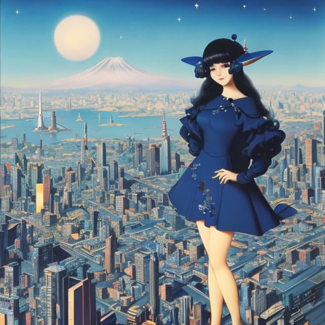 Prompt: Leonor Fini, Margaret Tarrant Japanese Anime wondrous strange Whimsical surreal Sci-fi Fantasy Girl Standing At The Top Of Tokyo Tower teens girl birdseye view Overlooking the night view of Tokyo Stars in the sky, hyperdetailed high resolution definition high quality masterpiece