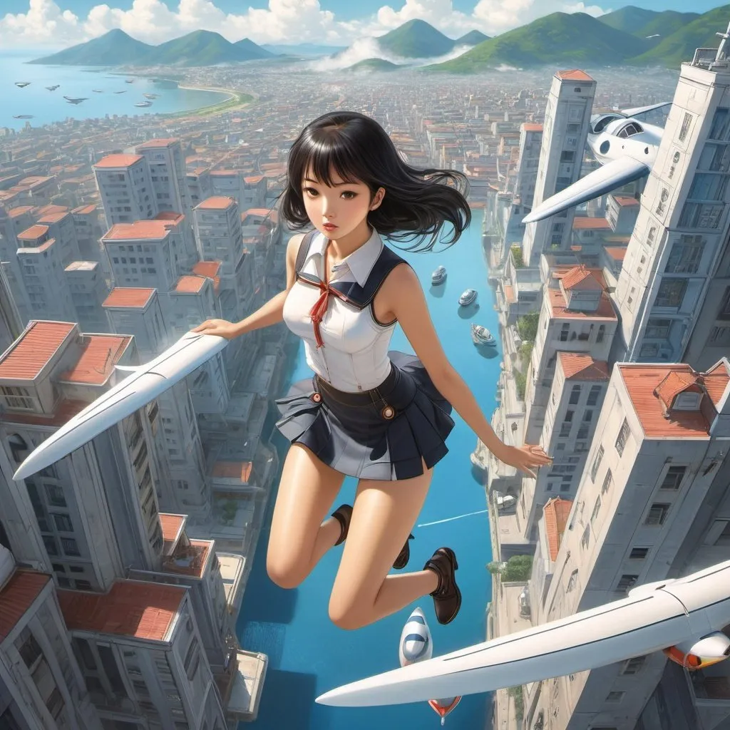 Prompt: Tatsuyuki Tanaka, Santiago Martínez Delgado, Surreal, mysterious, strange, fantastical, fantasy, Sci-fi, Japanese anime, miniskirt steam girl in the future city, perfect voluminous body, flying boat, bird's eye view, detailed masterpiece 