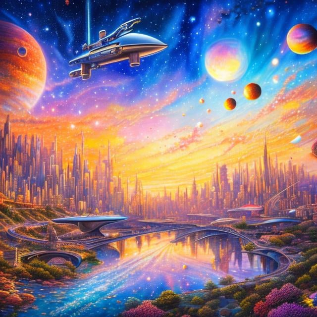 Prompt: John Stephens style, city on mars, spaceship landing, girl on flying scooter, detailed, see galaxy in sky above, sketch and water colour, hyperdetailed high resolution high definition high quality masterpiece 