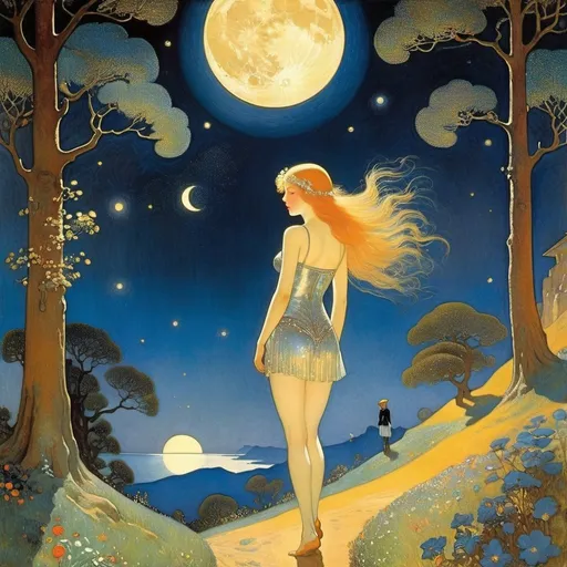 Prompt: Maurice Denis, Odilon Redon, Virgil Finlay, Virginia Frances Sterrett, Gustave Moreau, Surrealism Mysterious Weird Fantastic Fantasy Sci-Fi, Japanese Anime, Lost Darkness, Cycle of Darkness, Sense of the Night, Miniskirt Beautiful Girl Traveling Under the Stars and the Moon, perfect voluminous body, detailed masterpiece 