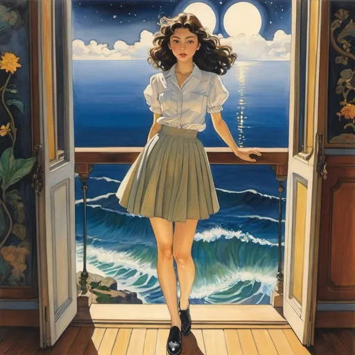 Prompt: Grazia Toderi, Barbara Ciardo, Alice Neel, Moto Hagio, Grace Drayton, Surrealism, wonder, strange, fantastical, fantasy, Sci-fi, Japanese anime, a beautiful girl in a miniskirt who talks about darkness in the light, perfect voluminous body, stars in her body, a palace of mirrors and the ocean, detailed masterpiece angles low high perspectives 