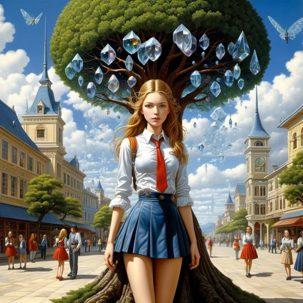 Prompt: Thomas Crane, Michael Cheval, Surreal, mysterious, strange, fantastical, fantasy, Sci-fi, Japanese anime, tree that grows crystals, symbiosis between machines and humans, miniskirt beautiful high school girl, town square, detailed masterpiece 