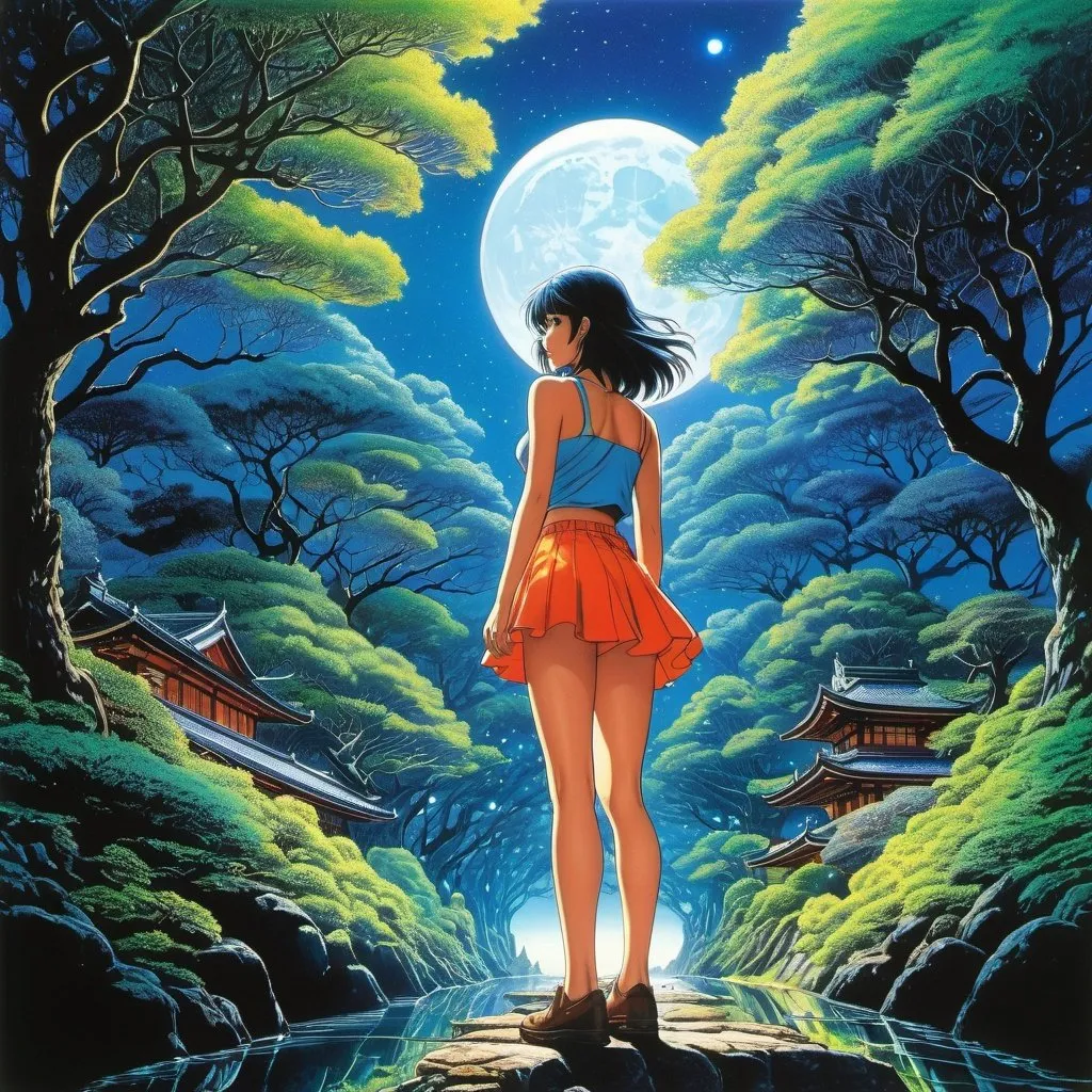 Prompt: Toriko Chiya, Ted Nasmith, Kilian Eng, Taiyō Matsumoto, Sydney Sime full colours, Surrealism Mysterious Weird Fantastic Fantasy Sci-Fi, Japanese Anime, Liquid Crystal Night Reflection, Transmission, Refraction City in the Trees and Beautiful Girl in Miniskirt, perfect voluminous body, detailed masterpiece  hand coloured fine line drawings 