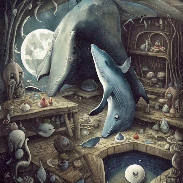 Prompt: Leonora Carrington,  Mabel Lucie Attwell, Margaret Tarrant, moon sleeping in basement, a girl wondering looking for her fate, whale beach, orb, detailed, high quality, high resolution, high definition, masterpiece 