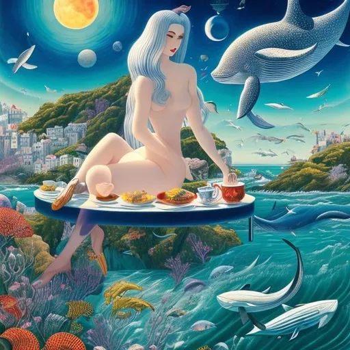 Prompt: Nils Dardel, George Barbier, Karl Korab, Surreal, mysterious, strange, fantastical, fantasy, Sci-fi, Japanese anime, ocean in a cup, jumping whales, beautiful girls in miniskirts having tea at a cafe, perfect bodies, the moon sinking into the ocean in the cup, hyper detailed masterpiece high resolution definition quality, depth of field, cinematic lighting 