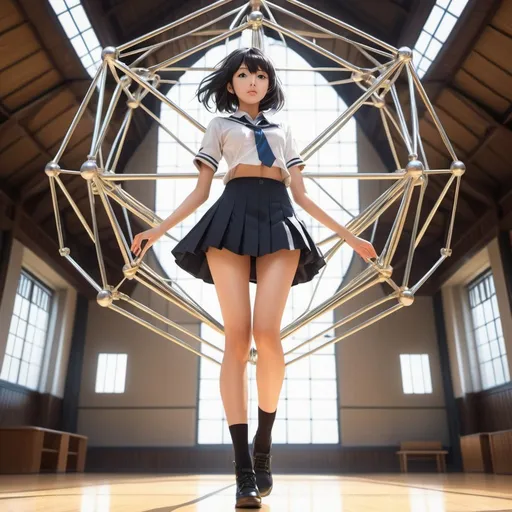 Prompt: Alberto Savinio, Keiichi Okamoto, Surreal, mysterious, strange, fantastical, fantasy, Sci-fi, Japanese anime, tensegrity structure, mysterious object, balancing, sway, miniskirt beautiful high school girl, perfect voluminous body, detailed masterpiece 