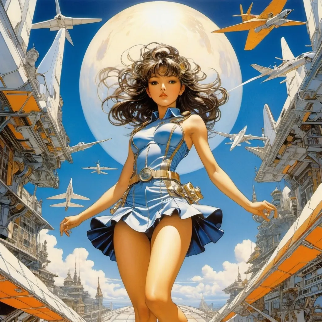 Prompt: Masamune Shirow, Hajime Sorayama, Alphonse Mucha, Edward Okuń, Diane Dillon, Surrealism, wonder, strange, bizarre, fantasy, Sci-fi, Japanese anime, origami airplanes in the solar system, beautiful high school girl in miniskirts in a world inside a box, perfect voluminous body, detailed masterpiece low high angles perspectives 