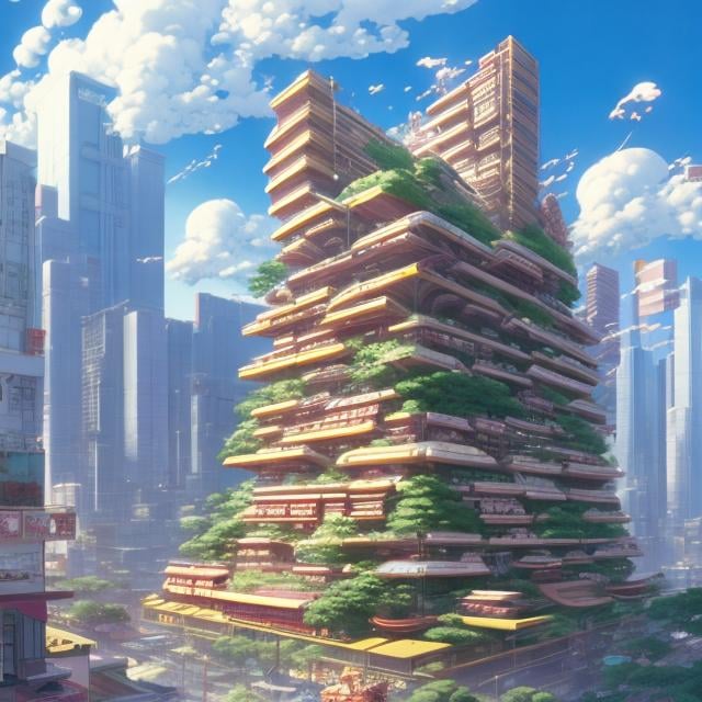 Prompt: Japanese style, Masamune Shirow, Katsuhiro Otomo, Japanese Anime, surreal, mysterious, strange, fantastical, fantasy, sci-fi fantasy, a giant pudding parfait as tall as a building, and a high school girl in a miniskirt climbing into the parfait using a ladder.