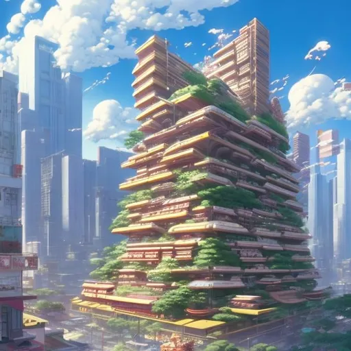 Prompt: Japanese style, Masamune Shirow, Katsuhiro Otomo, Japanese Anime, surreal, mysterious, strange, fantastical, fantasy, sci-fi fantasy, a giant pudding parfait as tall as a building, and a high school girl in a miniskirt climbing into the parfait using a ladder.