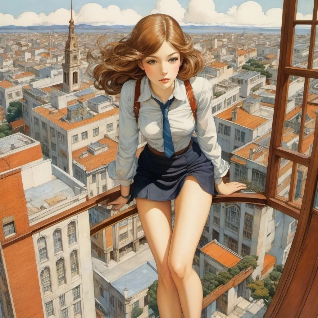 Prompt: Philip Pearlstein, Charles Robinson, Surreal, mysterious, strange, fantastical, fantasy, Sci-fi, Japanese anime, upside down clock tower, miniskirt beautiful high school girl, winding time, detailed masterpiece bird’s eye views perspectives 