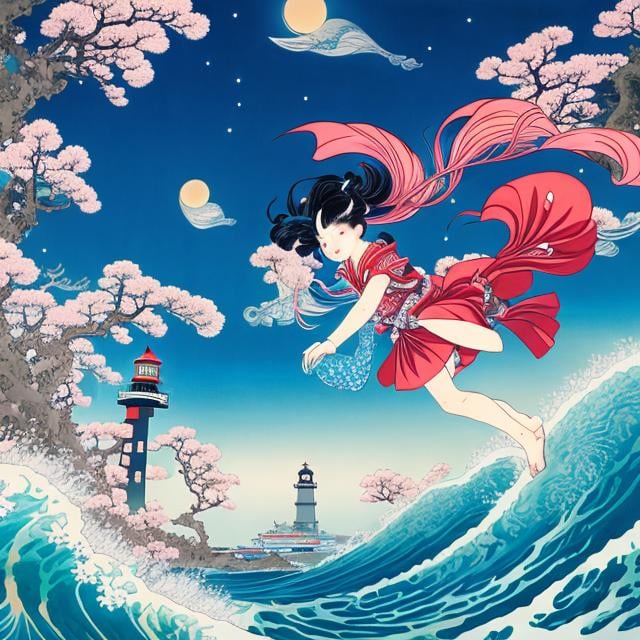 Prompt: Ukiyoe-style anime, wonder, bizarre, fantastic, surreal fantasy, sci-fi fantasy, lighthouse at the end of the galaxy, jumping whale, beautiful girl in tight kimono watching whale jump, hyperdetailed high definition high resolution high quality masterpiece