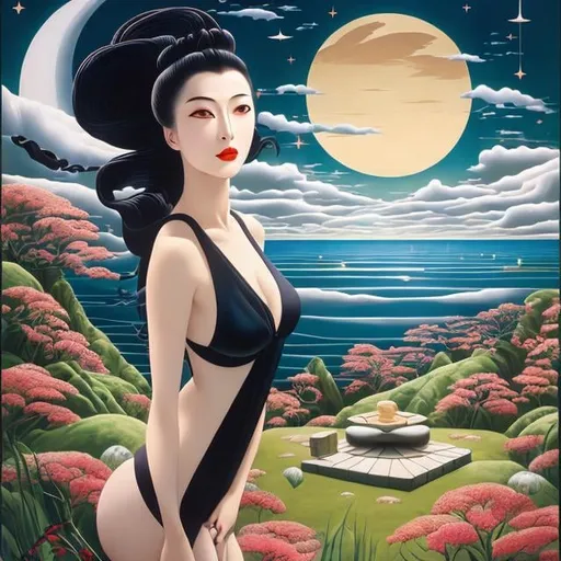 Prompt: Edward Wadsworth, Yoshio Shimizu, Surreal, mysterious, strange, fantastical, fantasy, sci-fi, Japanese anime, reminding us that art continues to be a verb - the act of doing something. A beautiful woman who does art, perfect body, protects herself from demons and disasters, helps childbirth, manipulates spells, summons ghosts, visits graves, communes with ancestors, grows crops, arms herself, and awakens the gods, detailed masterpiece 