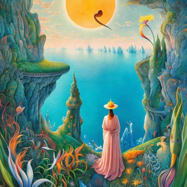 Prompt: Elsa Beskow, Roberto Matta, Surreal, mysterious, strange, fantastical, fantasy, Sci-fi, Japanese anime, Bird of Paradise, giant peephole, masked beautiful girl, perfect voluminous body, chasing the sun and moon, detailed masterpiece wide angles cinematic lighting bird’s eye view 