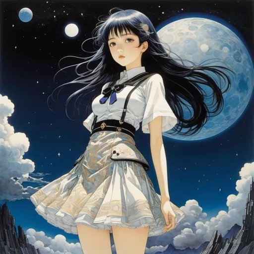 Prompt: Harry Clarke, Naoyuki Kato, Jun'ichi Nakahara, Ayano Imai, Aquirax Uno, Surrealism, mysterious, strange, bizarre, fantasy, sci-fi, Japanese anime, when you cut out the sky, you can see distant nebulas and galaxies, a beautiful high school girl in a miniskirt, perfect voluminous body, detailed masterpiece low high angles perspectives coquettish cute looking at viewer 