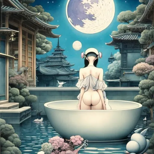 Prompt: Maurice Sendak, James Jean, Mysterious, bizarre, surreal, bizarre, fantasy, Sci-fi, Japanese anime, full moon soaking in the bathtub of a public bath, beautiful girl, perfect body, detailed masterpiece 