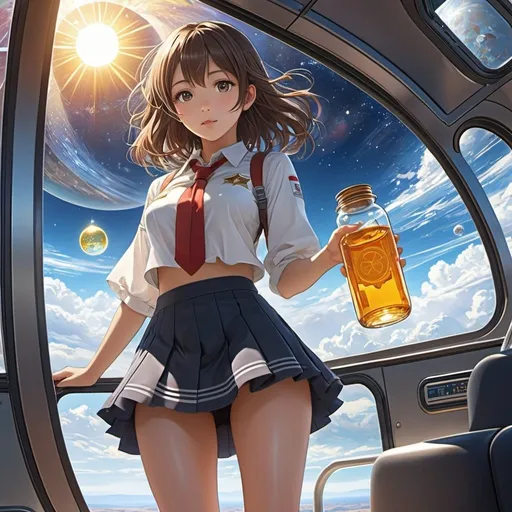 Prompt: Surreal, mysterious, strange, fantastical, fantasy, Sci-fi, Japanese anime, star-journey beautiful girl in miniskirt, perfect voluminous body, small sun in a glass bottle, long-distance space bus, detailed masterpiece wide high angles perspectives 