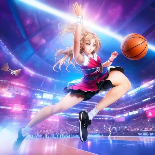 Prompt: Takehiko Inoue, Mabel Attwell, Surreal, mysterious, bizarre, fantastical, fantasy, Sci-fi, Japanese anime, Alice, a miniskirt blonde beautiful girl who does a slam dunk in basketball. Perfect body. Dynamic action pose. Exciting, sweat. The audience stands. Alice dancing in the air. Excitement, detailed masterpiece high resolution definition quality, depth of field cinematic lighting 