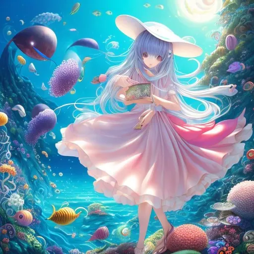 Prompt: Ima Satoshi, Surreal, mysterious, bizarre, fantastical, fantasy, Sci-fi, Japanese anime, beautiful blonde girl Alice, perfect voluminous body, welcoming bird of Diomedea island, Cephalos's love affair, autophagy of octopus, musical fishing of red flycatcher, cultural device called cafe, from the history of life on Earth to the systematization of astrobiology, detailed masterpiece 