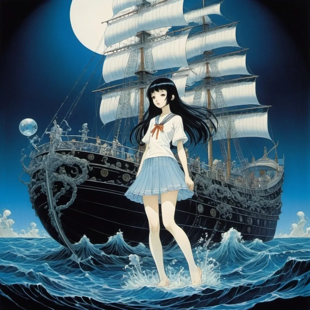 Prompt: Kay Nielsen, Yumiko Kayukawa, Fuyuko Matsui, Daniel Torres, Fernando Dagnino Guerra, Surrealism, wonder, strange, bizarre, fantasy, Sci-fi, Japanese anime, underwater festival, bottled sea, sailing ship sinking into the blue darkness, beautiful high school girl in a miniskirt, perfect voluminous body, detailed masterpiece 