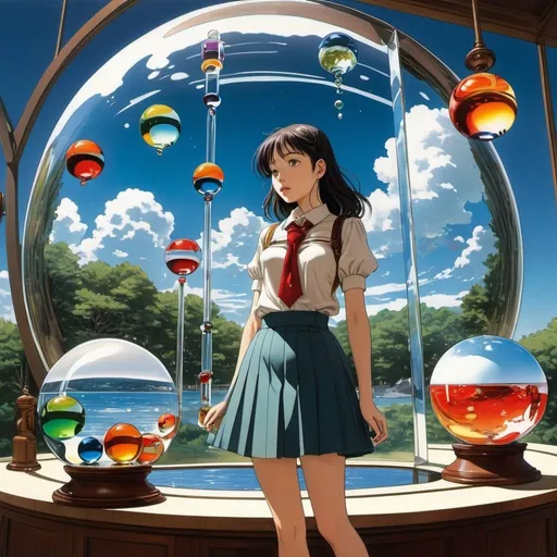 Prompt: François-Louis Schmied, Ruth Reeves, Moto Hagio, Surreal, mysterious, bizarre, fantastical, fantasy, Sci-fi, Japanese anime, a giant Galileo thermometer, spheres of different colors moving up and down in the water behind the glass, a beautiful high school girl in a miniskirt looking up at them, perfect voluminous body, detailed masterpiece 