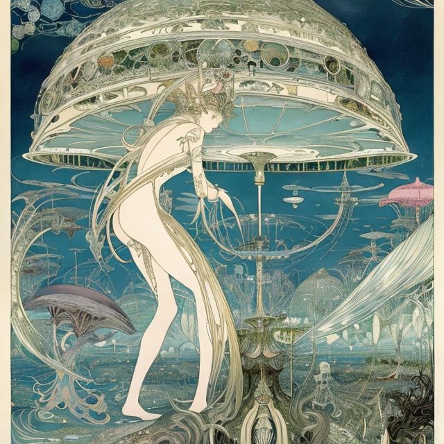 Prompt: Kay Nielsen, Walter Crane, Japanese Anime Sci-fi Fantasy Fairyland Spaceship War of Aggression Fairy Magic vs. Science