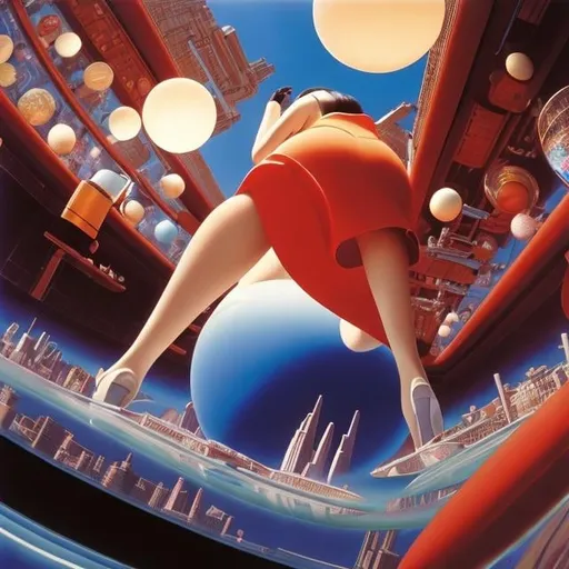 Prompt: Naoyuki Kato, George Tooker, Surreal, mysterious, strange, fantastical, fantasy, Sci-fi, Japanese anime, space station sinking to the bottom of a glass, beautiful girl in a miniskirt in a cafe, perfect voluminous body, detailed masterpiece perspective angles bird’s eye views