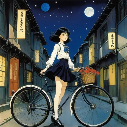 Prompt: Richard Sargent, Amos Sewell, Harry Clarke, Rie Cramer, Taiyo Matsumoto, Surrealism, wonder, strange, fantastical, fantasy, Sci-fi, Japanese anime, bicycle in the middle of the night, a town where small moonlight fragments fall, a beautiful high school girl in a miniskirt, perfect voluminous body, detailed masterpiece 