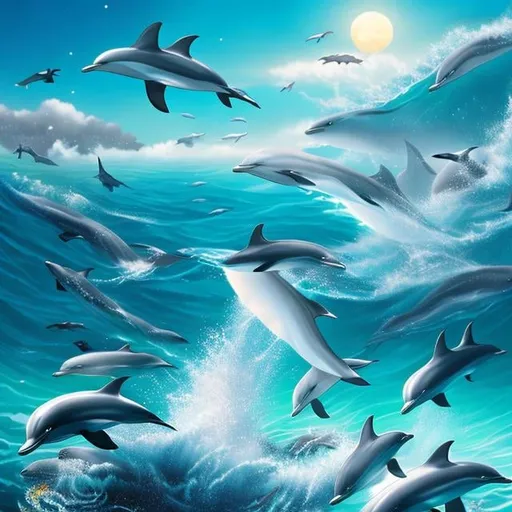 Prompt: Japanese school girl free falling, moon tide, flock of dolphins, surreal strange weird wonderful sci-fi fantasy, hy high resolution high quality high definition masterpiece 