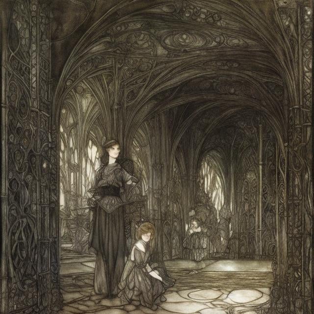 Prompt: Arthur Rackham, Lisbeth Zwerger, Margaret Tarrant, Surreal, mysterious, strange, fantastical, fantasy, Sci-fi, girl Alice, voice of Orpheus, theater in the eyes, Alejandria, Alice's hunt, detailed masterpiece 