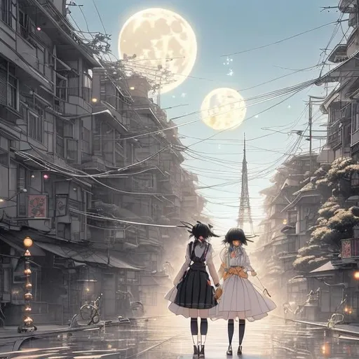 Prompt: Heath Robinson, Christian Riese Lassen, Japanese Anime　Whimsical sci-fi fantasy night walk in the air　On electrical wires　a moon　Miniskirt schoolgirl　shooting stars　Tokyo tower hyperdetailed high definition high quality high resolution masterpiece perfect body manga lines Colour 