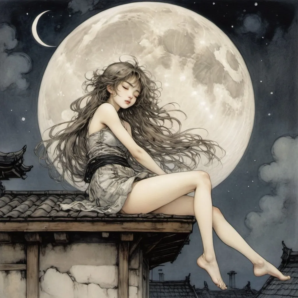 Prompt: Arthur Rackham, Yoko Kamio, Surreal, mysterious, strange, fantastical, fantasy, Sci-fi, Japanese anime, miniskirt beautiful girl sleeping hugging the crescent moon, perfect voluminous body, meteor shower, rooftop, detailed masterpiece 