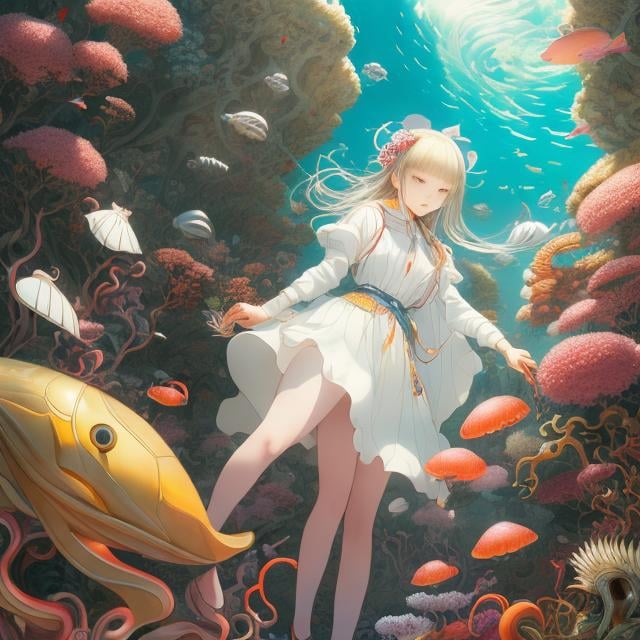 Prompt: Henriette Willebeek le Mair, Kenji Tsuruta, James Jean, Surreal, mysterious, bizarre, fantastical, fantasy, Sci-fi, Japanese anime, beautiful blonde girl Alice, perfect voluminous body, welcoming bird of Diomedea island, Cephalos's love affair, autophagy of octopus, musical fishing of red flycatcher, cultural device called cafe, from the history of life on Earth to the systematization of astrobiology, detailed masterpiece, depth of field cinematic lighting 