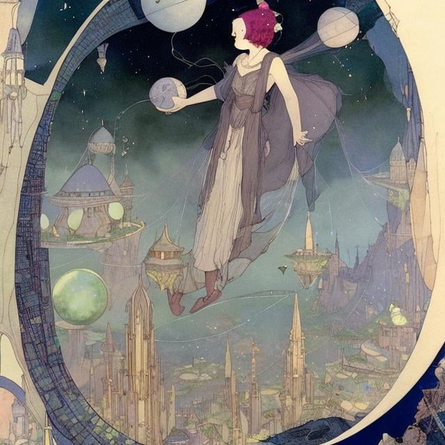 Prompt: Anne Anderson, Margaret Tarrant, Edmund Dulac, Heath Robinson, surreal　wondrous　strange　Whimsical　fanciful　Sci-Fi Fantasy　Girl and Sphere　Dream of Three-Dimensional Development Diagram　leaves falling　Perspective view　The three-point method of distance and proximity　architectural Solo girl