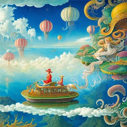 Prompt: Walter Crane, Barbara Cooney, François-Louis Schmied, animesque wondrous strange Whimsical surreal fanciful Sci-Fi Fantasy country above the clouds Ukishima Beetle Taxi Fish in the sea of clouds、octopuses、jellyfish Little girl in a taxi Hyperdetailed high definition high resolution high quality masterpiece