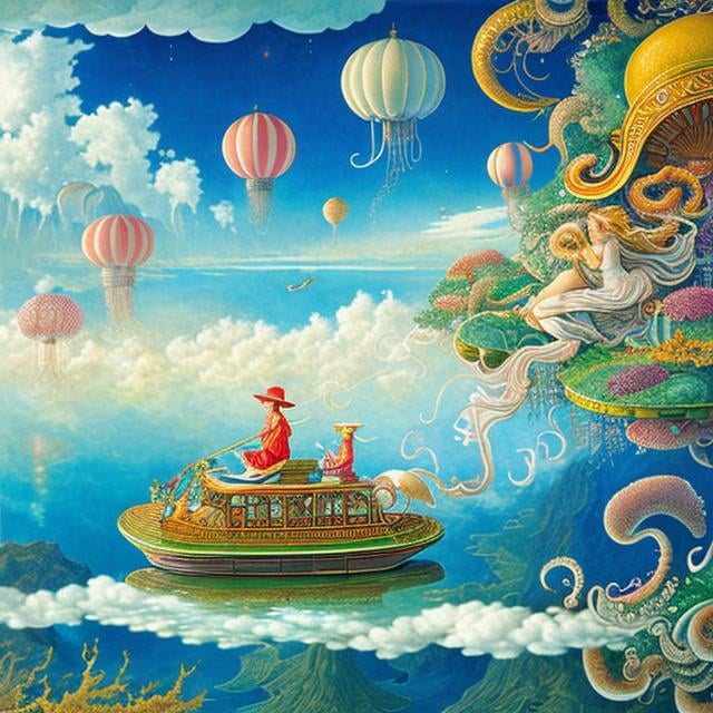 Prompt: Walter Crane, Barbara Cooney, François-Louis Schmied, animesque wondrous strange Whimsical surreal fanciful Sci-Fi Fantasy country above the clouds Ukishima Beetle Taxi Fish in the sea of clouds、octopuses、jellyfish Little girl in a taxi Hyperdetailed high definition high resolution high quality masterpiece