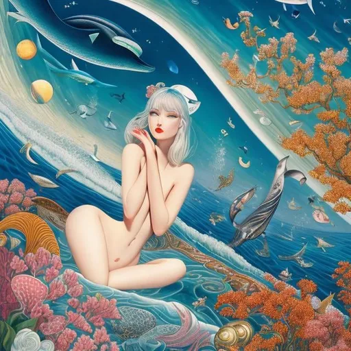 Prompt: Nils Dardel, George Barbier, Karl Korab, Surreal, mysterious, strange, fantastical, fantasy, Sci-fi, Japanese anime, ocean in a cup, jumping whales, beautiful girls in miniskirts having tea at a cafe, perfect bodies, the moon sinking into the ocean in the cup, hyper detailed masterpiece high resolution definition quality, depth of field, cinematic lighting 