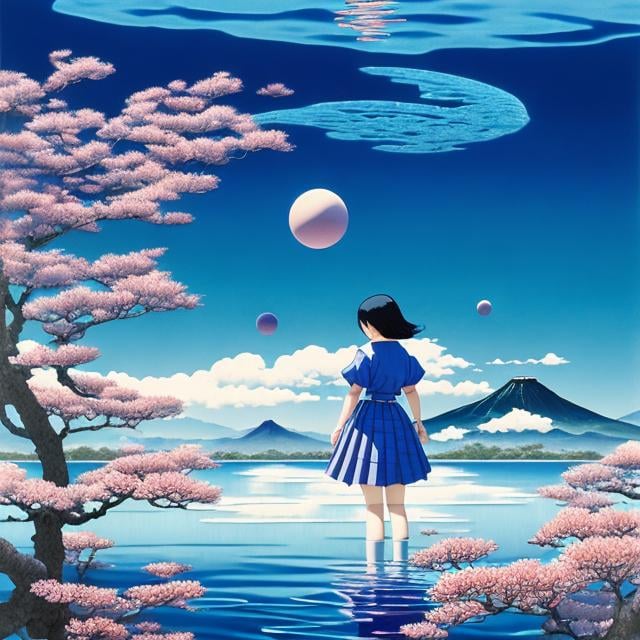 Prompt: Joyce Mercer, Hasui Kawase, Surreal, mysterious, strange, fantastical, fantasy, Sci-fi, Japanese anime, an object in fluid (water) receives a buoyancy force equal to the weight of the fluid that the object displaces, science experiment, beautiful high school girl in a miniskirt, perfect voluminous body, detailed masterpiece 