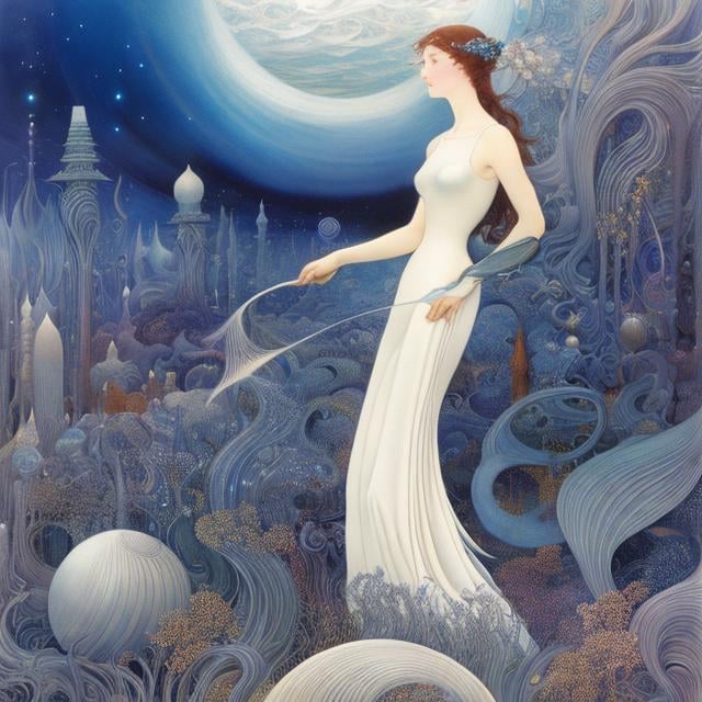 Prompt: Kay Nielsen, Alan Lee, Surreal, mysterious, strange, fantastic, fantasy, Sci-fi, Japanese anime, law of inertia, igo, dance of stars, folding city, beautiful short skirt girl, detailed masterpiece 