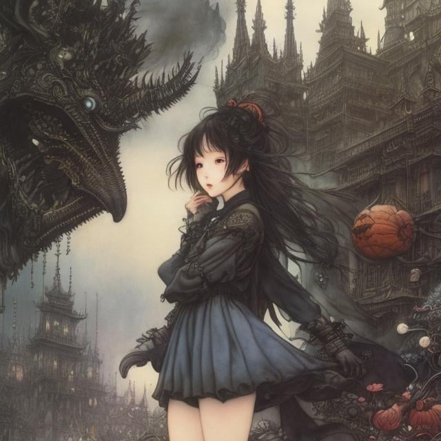 Prompt: Arthur Rackham, Katsuhiro Otomo, Surreal, mysterious, strange, fantastical, fantasy, Sci-fi, Japanese anime, Shibuya on Halloween night. Real monsters and heroes are mixed in with the costumes. Beautiful miniskirt high school girl is a sightseeing expert. Perfect body, detailed masterpiece 