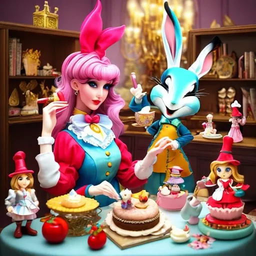 Prompt: Margaret Tarrant, Roberto Baldazzini, Surreal, mysterious, bizarre, fantastical, fantasy, Sci-fi, Japanese anime Alice, the beautiful blonde miniskirt girl at the cooking class. The teacher is the Queen of Hearts. Today she is making a shortcake. The cake is bigger than Alice. The rabbit and the card soldiers are also surprised and excited. Looking up from a wide angle, detailed masterpiece manga anime drawings