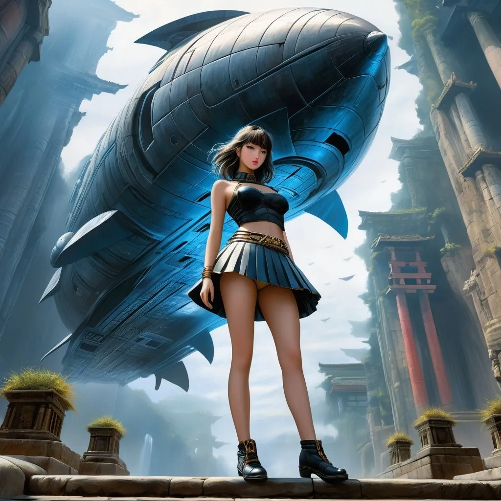 Prompt: Pierre Roy, Jim Burns, Surreal, mysterious, strange, fantastical, fantasy, Sci-fi, Japanese anime, ancient Roman spaceship, Piranesi's miniskirt beautiful girl, perfect voluminous body wide angles, detailed masterpiece 