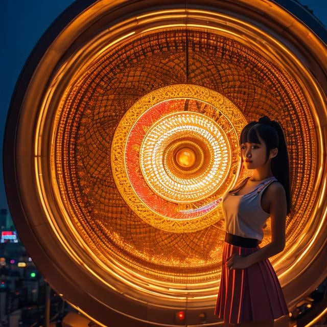 Prompt: Time Machine, huge full moon, Tokyo tower, beautiful short hair miniskirt Japanese high school girl, perfect voluminous body, circular time, ammonite clock, hyper detailed masterpiece high resolution definition quality depth of field cinematic lighting 